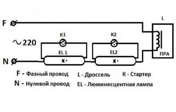 Схемы подключения люминесцентных ламп: с дросселем и без дросселя, 2-х и более ламп (Фото & Видео)